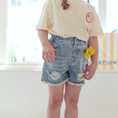 100-145韩系潮童RJ男女童蓝色破洞毛边半松紧腰牛仔短裤 热裤