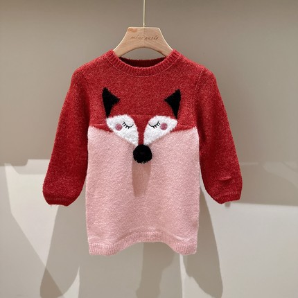 断码特价包邮1-7女童拼色小狐狸中长款毛衣