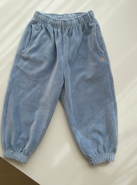 100-145韩系潮童RJ男女童蓝色条绒松紧腰束脚口长裤
