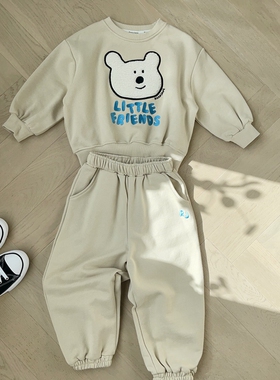 100-145韩系潮童RJ男女童浅卡其刺绣字母卡通套头毛圈卫衣