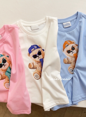 定制款110-165潮童三色卡通小熊圆领短袖T恤