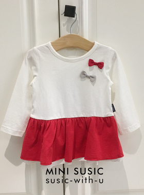 80-130日系minisusic女童纯棉荷叶边下摆蝴蝶结长袖上衣