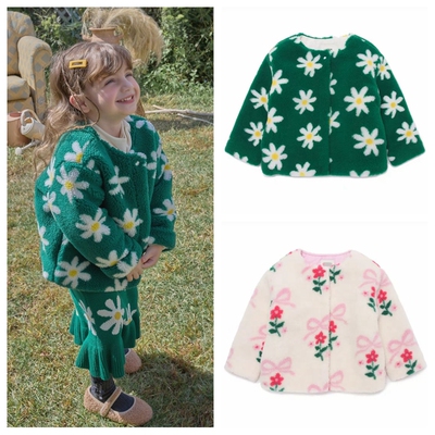 110-140韩系女童两色花朵蝴蝶结仿羊羔绒保暖外套