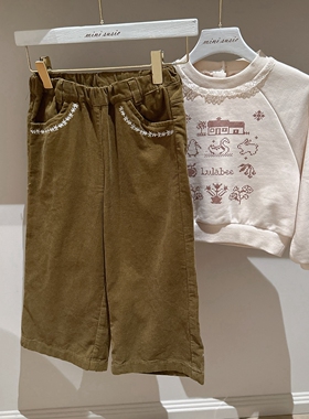 110-145韩系高端女童刺绣口袋条绒芥末色直筒裤