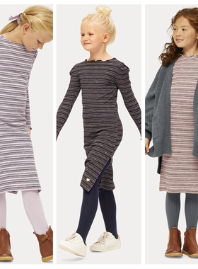 122-164北欧女童onepiece三色木耳边条纹细针织长袖连衣裙