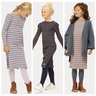 122-164北欧女童onepiece三色木耳边条纹细针织长袖连衣裙