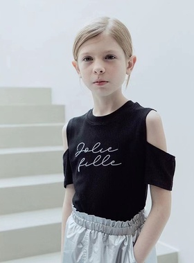 100-145韩系潮童RJ女童黑色刺绣字母露肩凉感弹力面料短袖T恤