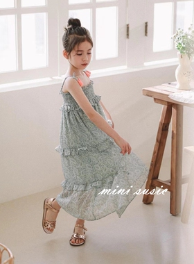 100-145minisusic韩系高端童装女童雪纺青绿印花吊带连衣裙