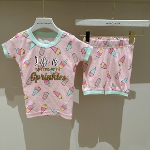 纯棉家居服睡衣套装 短裤 10女童粉色满印冰淇淋套头短袖