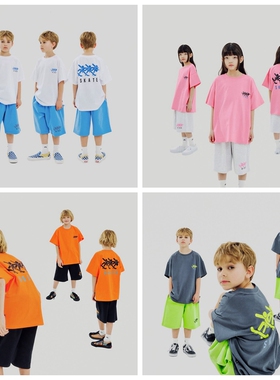 110-170韩系潮童男女童四色卡通字母套头短袖T恤+薄毛圈短裤