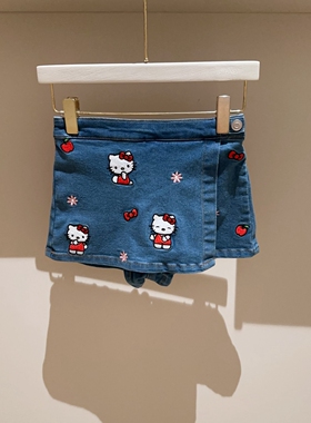 4-12出口女童刺绣KT花朵蝴蝶结牛仔短款裙裤