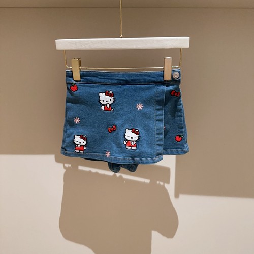 4-12出口女童刺绣KT花朵蝴蝶结牛仔短款裙裤