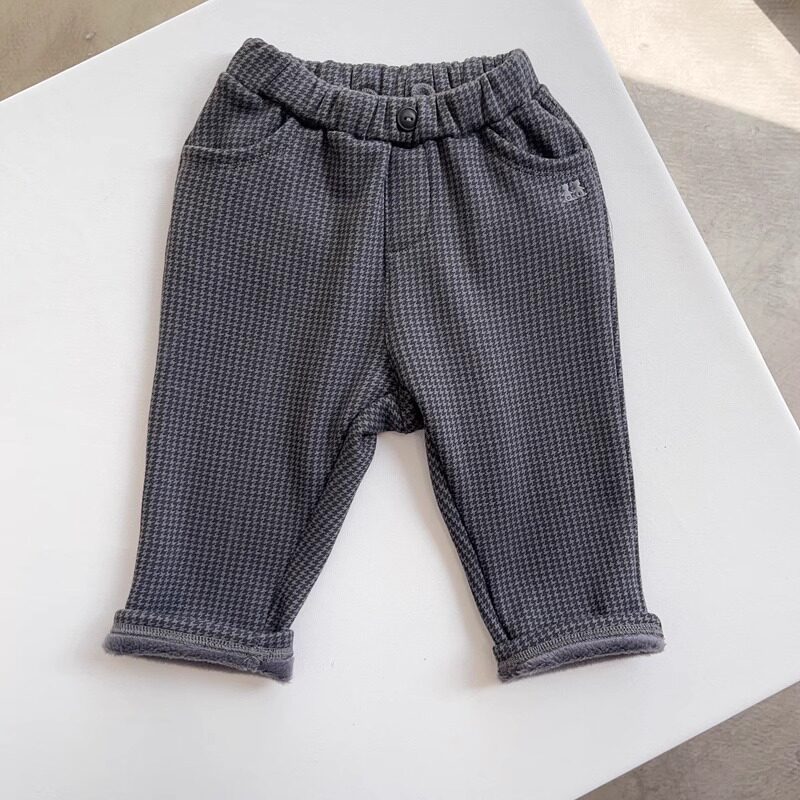 包邮90-130韩系高端童装mk男女童暗色细格子加绒裤子