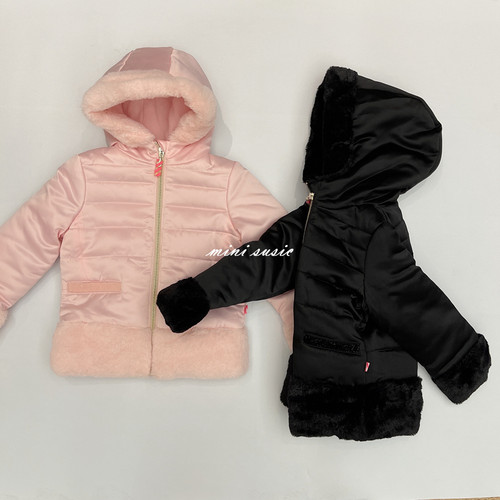 女童缎面两色拼毛连帽棉衣外套