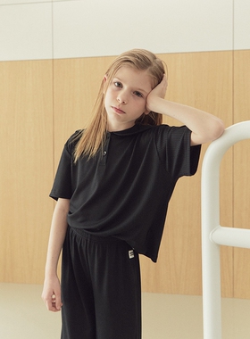 推荐100-145韩系潮童RJ垂软凉感黑色海军领短袖上衣+阔腿裤分开拍