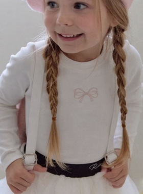 100-145韩系潮童RJ女童白色刺绣蝴蝶结磨毛弹力套头长袖T恤打底衫