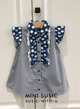 80-100minisusic日系圆点蕾丝边飞飞袖女童女宝宝衬衣