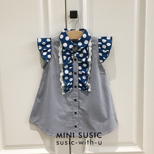 80-100minisusic日系圆点蕾丝边飞飞袖女童女宝宝衬衣