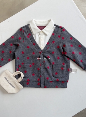 1-7男女童灰色红五角星衬衫领假两件上衣