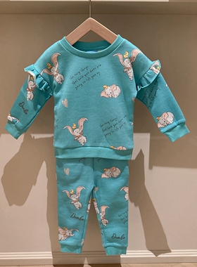 清仓特价1-7男女童英伦湖蓝绿小象字母印花抓绒卫衣+长裤（分开）