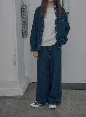 135-155韩系潮童BJ深蓝色刺绣字母口袋半松紧腰柔软牛仔直筒裤