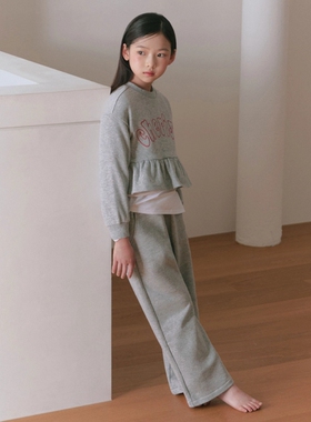 110-155韩系高端灰色刺绣红字母短款木耳边衣摆卫衣+直筒长裤