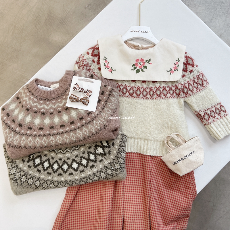 费尔岛图案轻软开叉套头毛衣