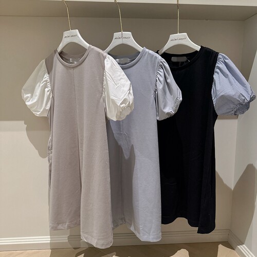 120-160日系女童速干面料单侧口袋四色拼色泡泡袖短袖连衣裙