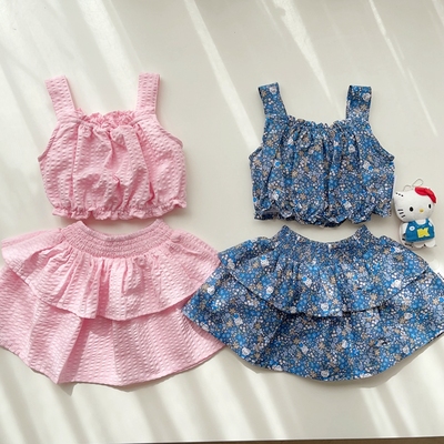 2-10澳女童粉色泡泡棉满印kitty短款吊带上衣+半裙 分开拍