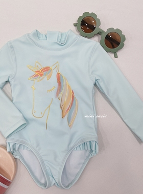 1-8女童浅蓝色独角兽长袖连体泳衣