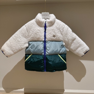 特价（原489）100-155韩国童装白色仿羊羔毛拼色立领羽绒外套