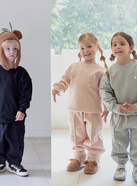 包邮100-145韩系潮童RJ男女童字母贴布松紧腰毛圈卫衣+束脚口长裤