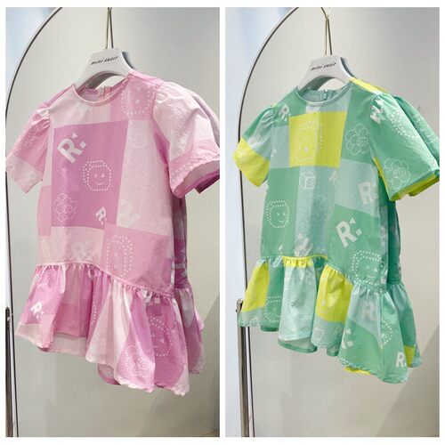 特价包邮100-155韩系童装女童速干泡泡纱面料彩色方块短袖连衣裙