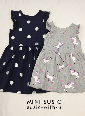 1-8岁minisusic藏青圆点灰色独角兽印花边无袖连衣裙