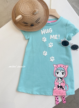 92-122女童薄毛圈小女孩浅湖蓝短袖连衣裙