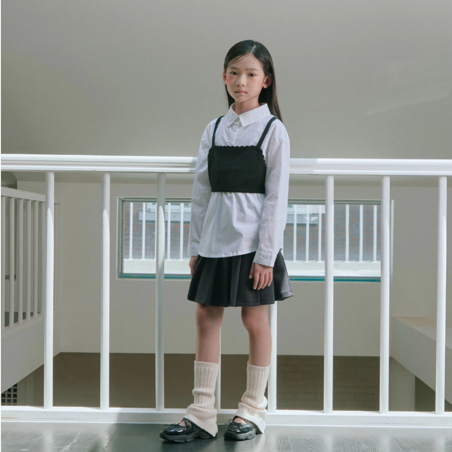 110-155韩系高端女童针织吊带马甲假两件长袖衬衣+蝴蝶结半身裙