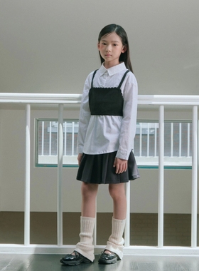 110-155韩系高端女童针织吊带马甲假两件长袖衬衣+蝴蝶结半身裙