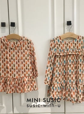 秋意浓！1-8岁minisusic秋款女童双色羽毛印花双层纯棉长袖连衣裙