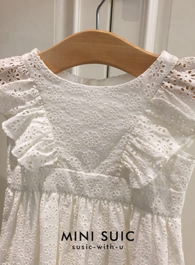 1-8女童女宝宝高端白色重工绣花镂空面料飞飞袖连衣裙