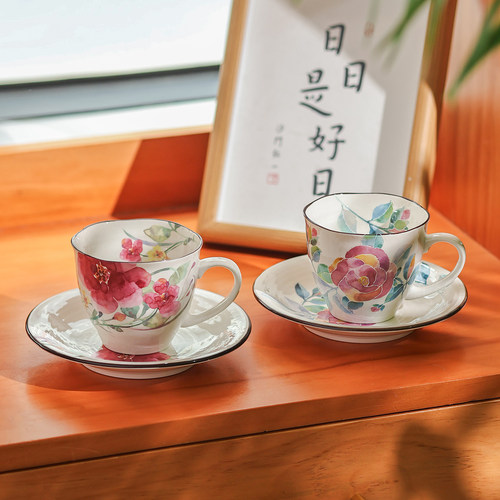 日本进口ceramic蓝十二月份咖啡杯彩色花卉茶杯碟清新美浓烧杯子