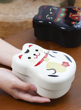 日本进口HAKOYA树脂便当盒可爱猫咪减脂餐盒便携分格水果漆器饭盒