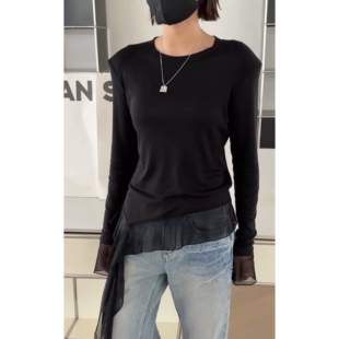 不规则网纱T恤女 6831知性温柔韩系打底长袖 现诗歌兰女装 2026春款