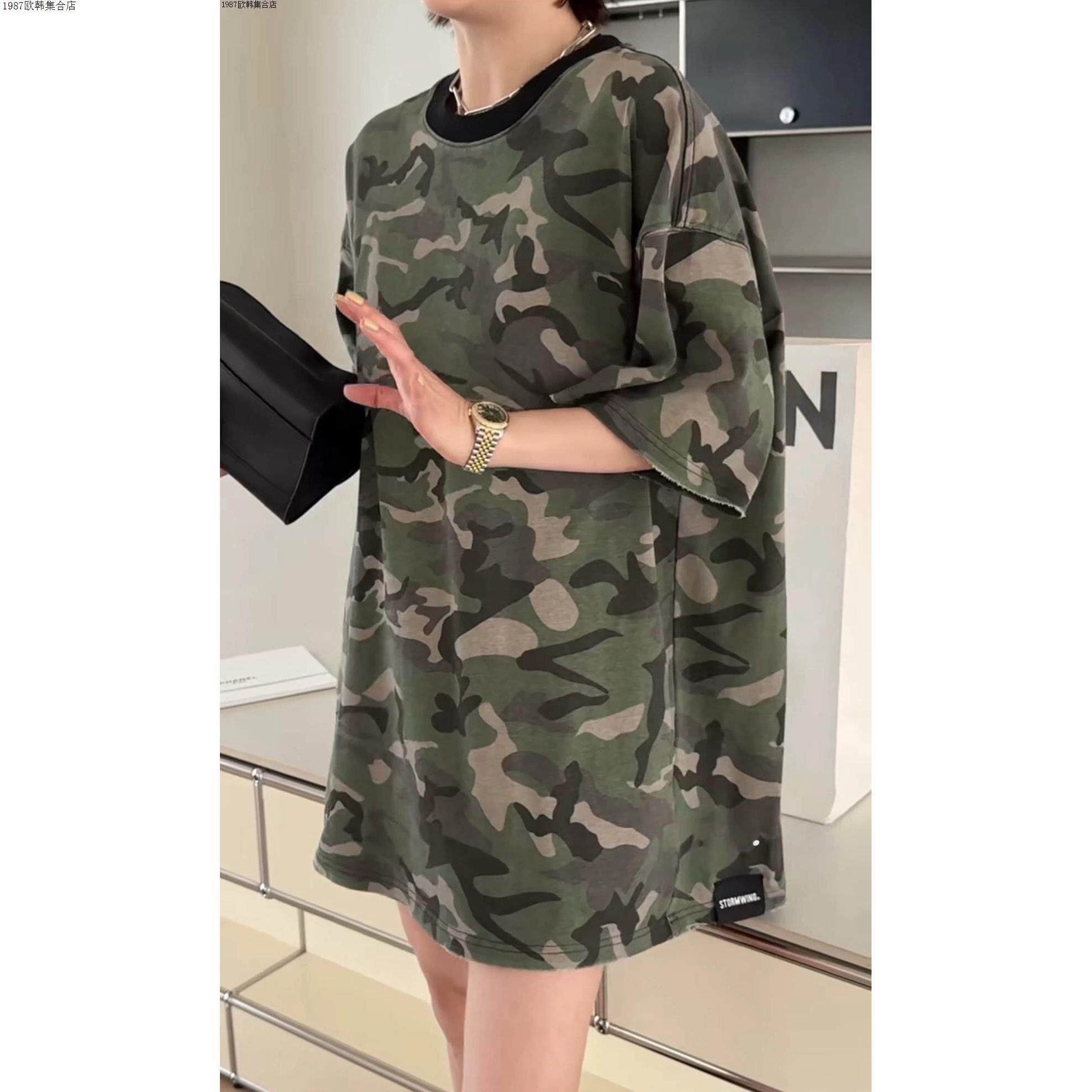 诗歌兰女装2025秋款 9631美式复古街头个性中长款磨破迷彩T恤女