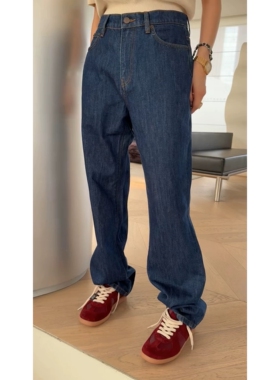 秒发M007诗歌兰韩货春秋新款简约法式休闲深蓝色显瘦直筒裤牛仔裤