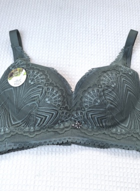 品牌撤柜不退换内衣无钢圈文胸军绿色四排扣90C杯中厚蕾丝乳胶杯