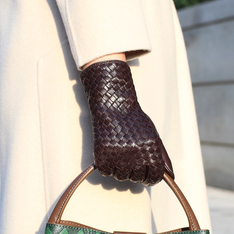 进口西班牙清水山羊皮真皮手套女式薄款户外骑行修手丝里手工编织