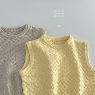 厂家2025秋季女童童装批发韩版黄色复古针织背心精梳棉方格马甲