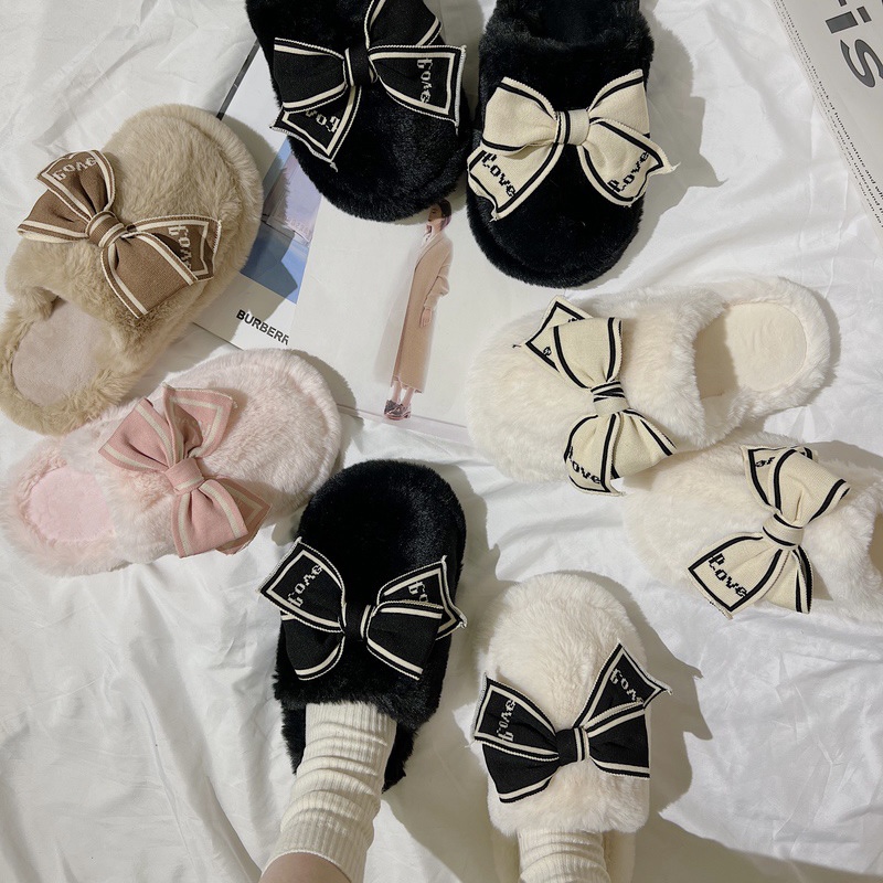 蝴蝶结时尚小香风黑色毛毛拖鞋女