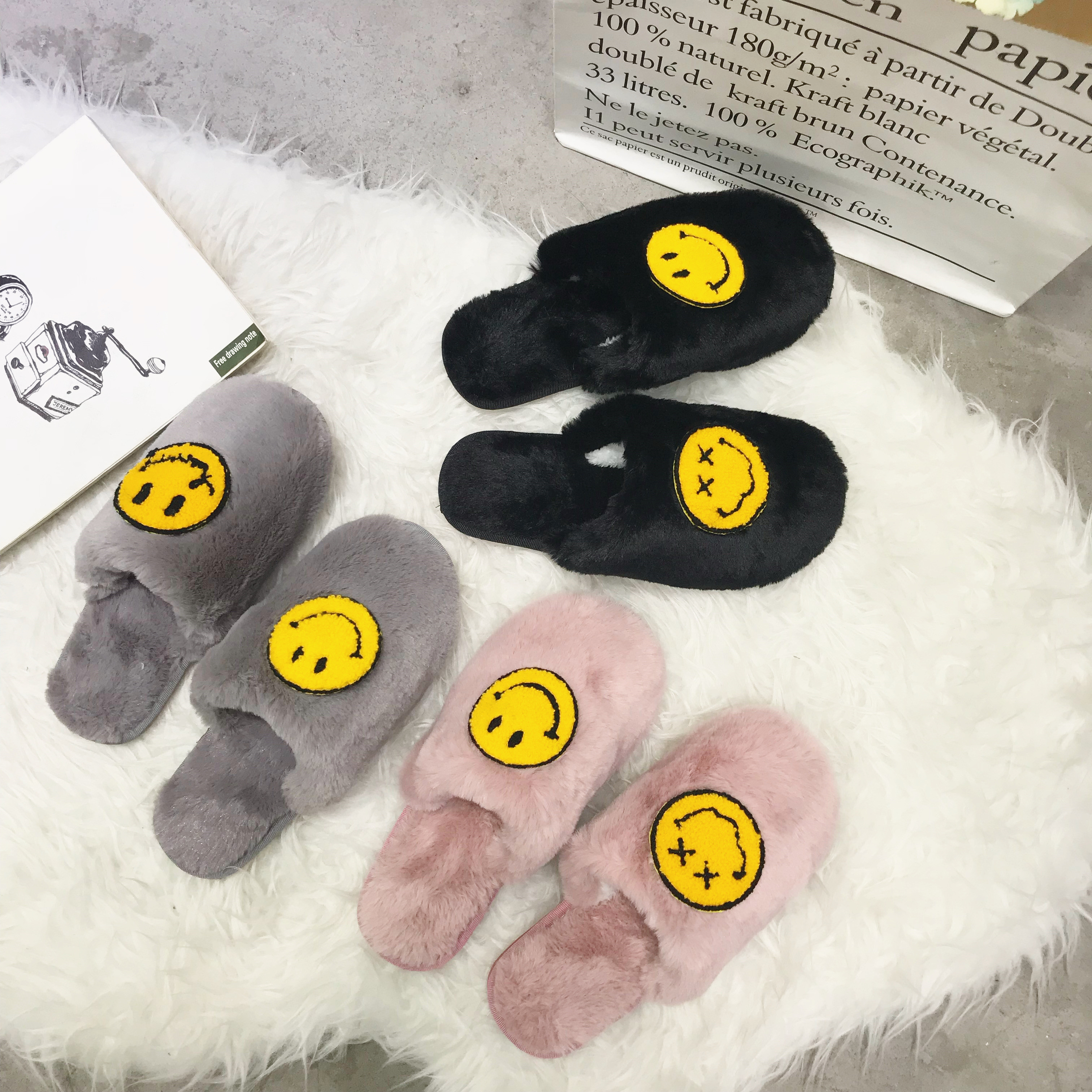 毛毛拖鞋女韩国秋冬笑脸保暖毛绒