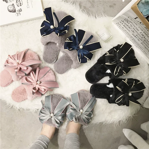 Корейские демисезонные нескользящие удерживающие тепло тапочки с бантиком